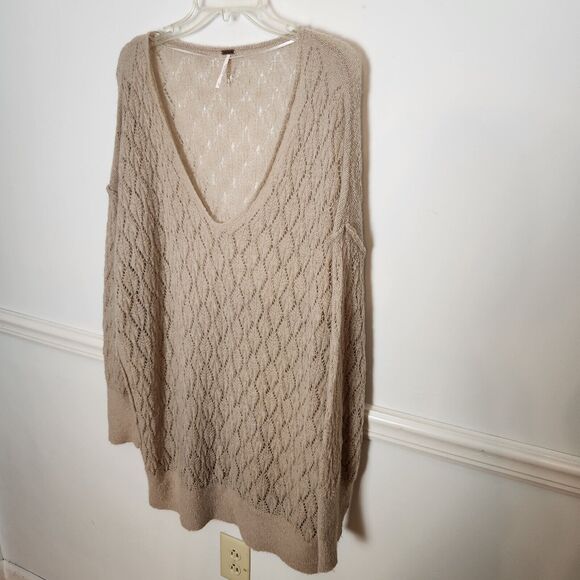 Free People Tunic Sweater Size Large Womens Say Hello Open Knit Oversized Beige - Picture 5 of 12